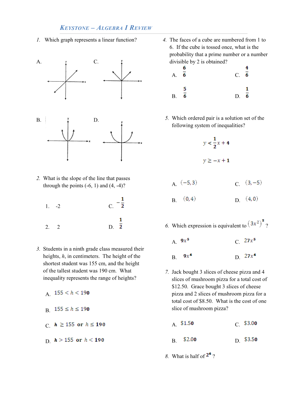 Keystone Algebra I Review