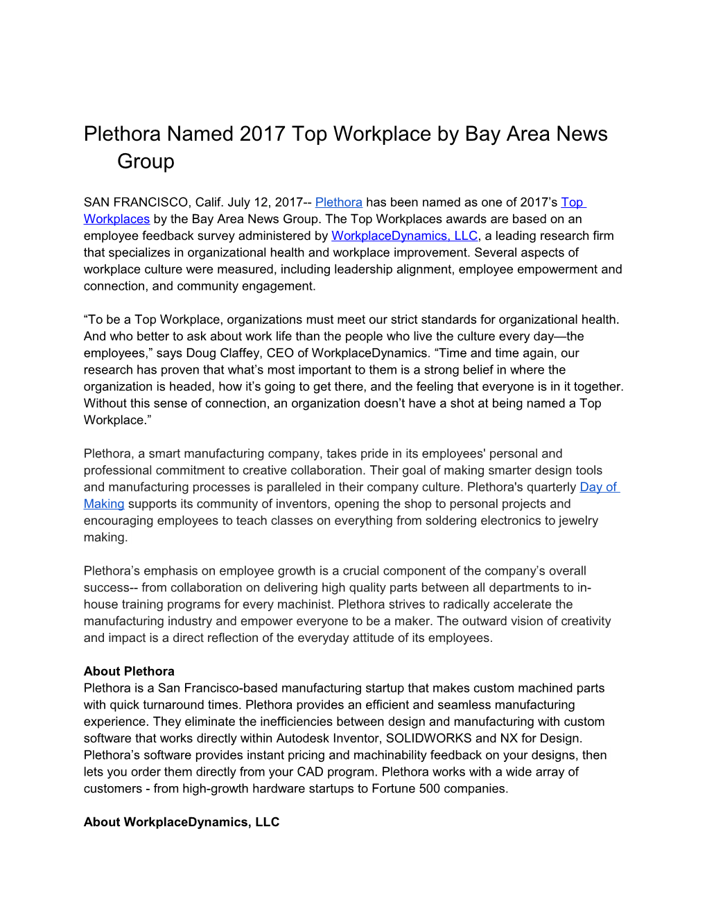 Plethora Named 2017 Top Workplace by Bay Area News Group