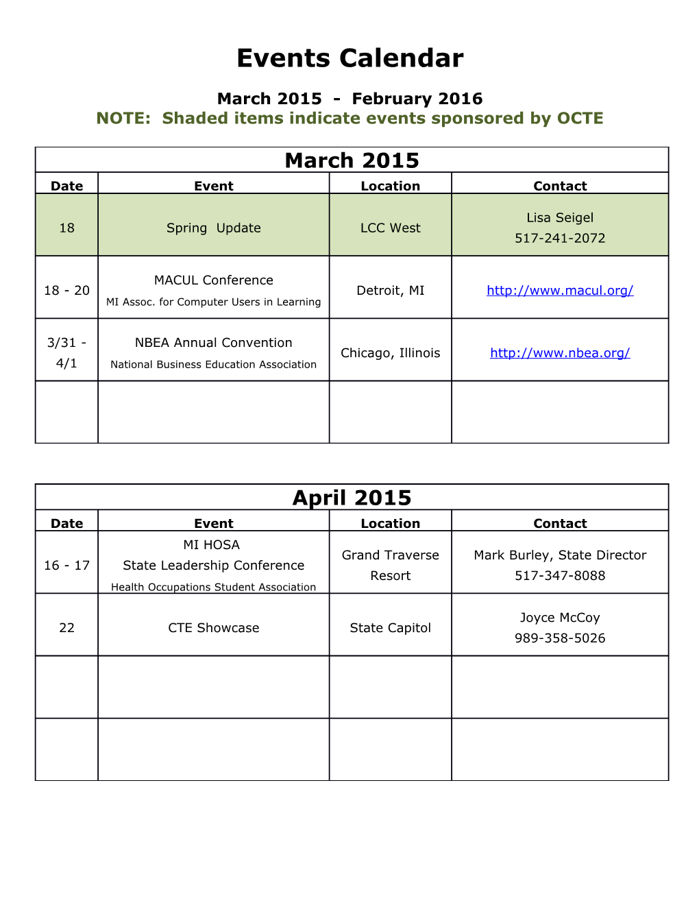 NOTE: Shaded Items Indicate Events Sponsored by OCTE