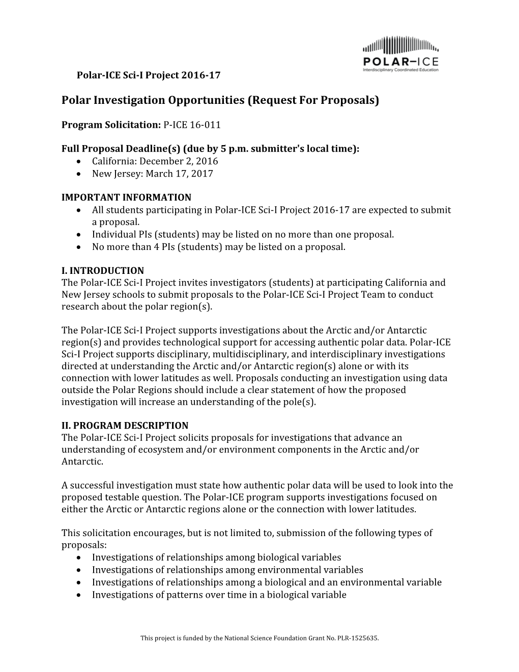 Polarinvestigation Opportunities (Request for Proposals)