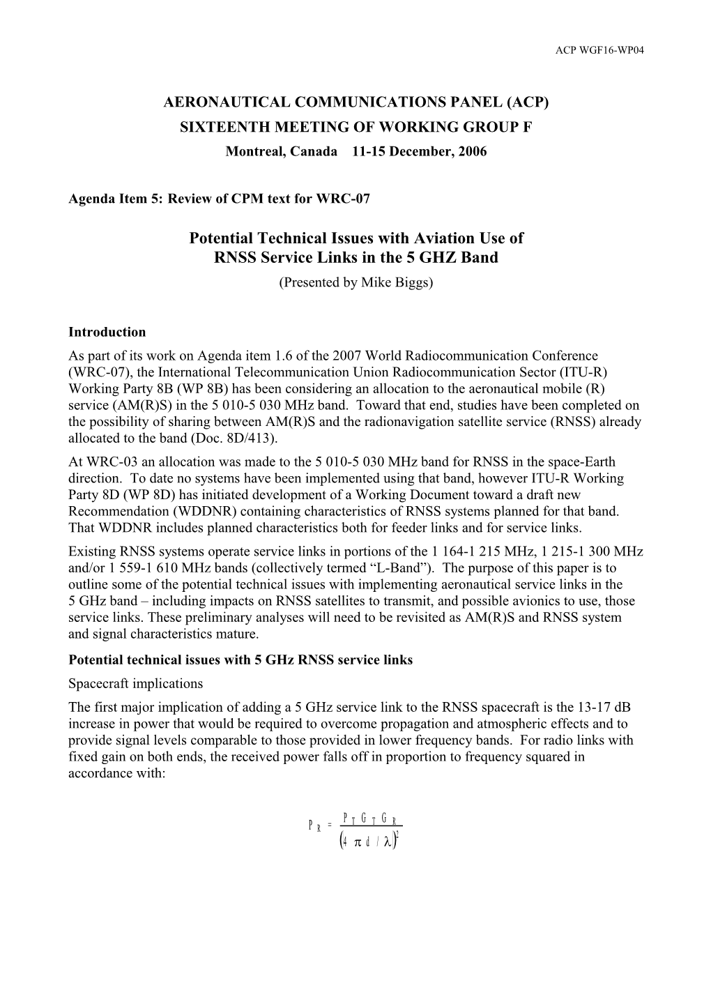 Potential Technical Issues with Aviation Use of RNSS Service Links in the 5 Ghz Band