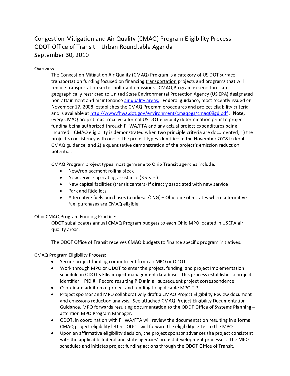 Congestion Mitigation and Air Quality (CMAQ) Programeligibility Process