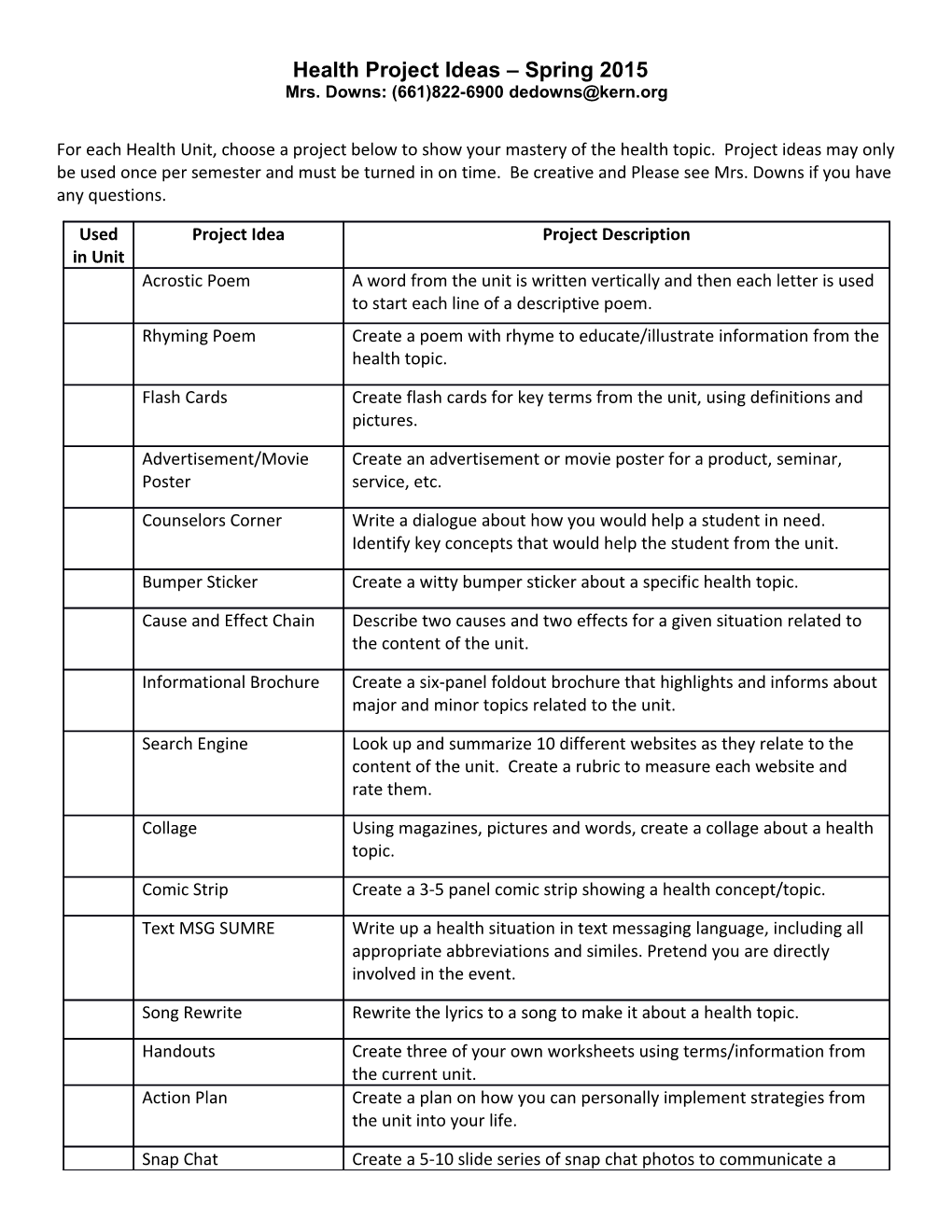 Health Project Ideas Spring 2015