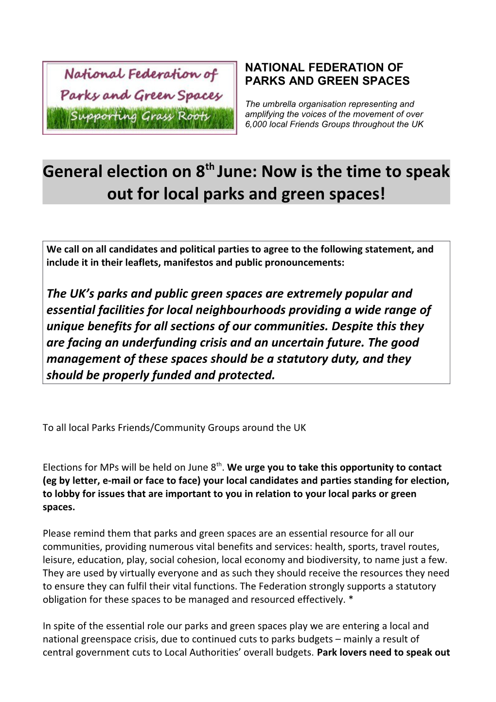 General Election On8thjune: Now Is the Time to Speak Outfor Local Parks and Green Spaces!