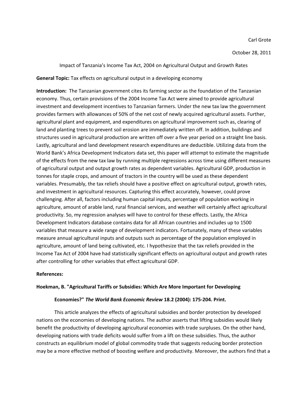 Impact of Tanzania S Income Tax Act, 2004 on Agricultural Output and Growth Rates