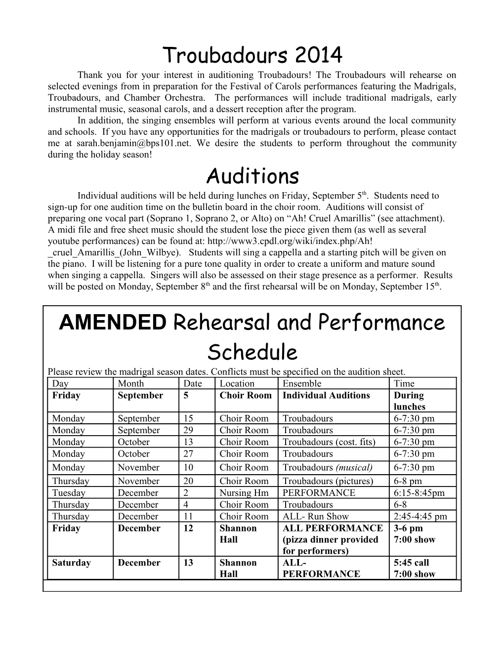 Thank You for Your Interest in Auditioning Troubadours! the Troubadours Will Rehearse On