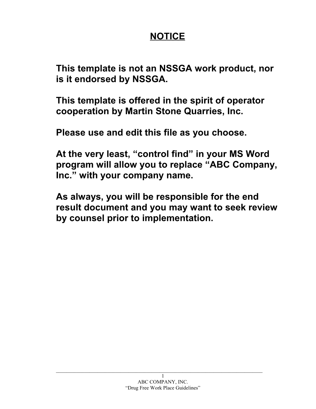 This Template Is Not an NSSGA Work Product, Nor Is It Endorsed by NSSGA