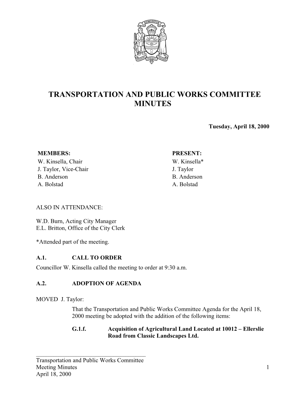 Minutes for Transportation and Public Works Committee April 18, 2000 Meeting