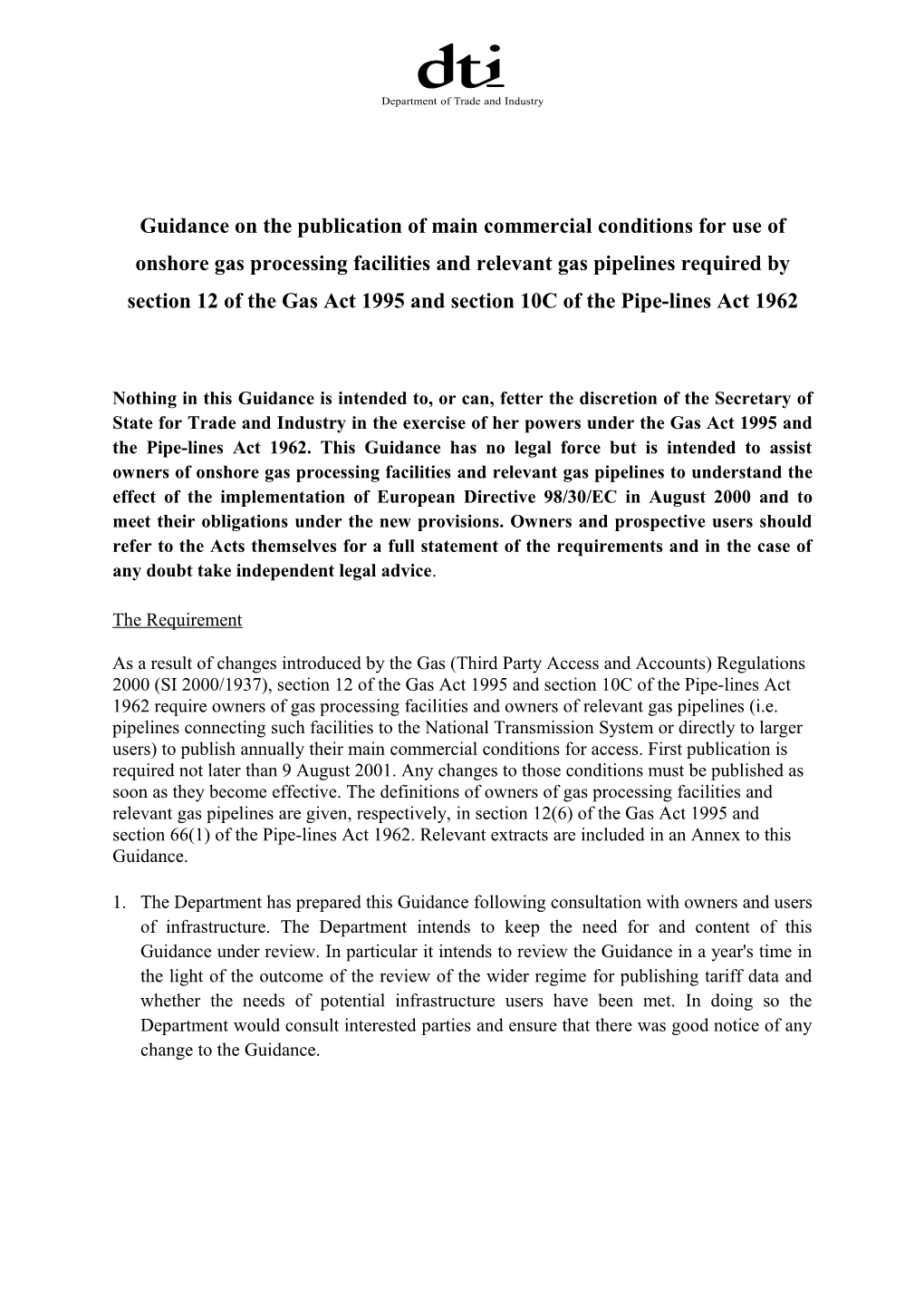 Guidance on the Publicaiton of Main Commercial Conditions of Access to Onshore Gas Processing
