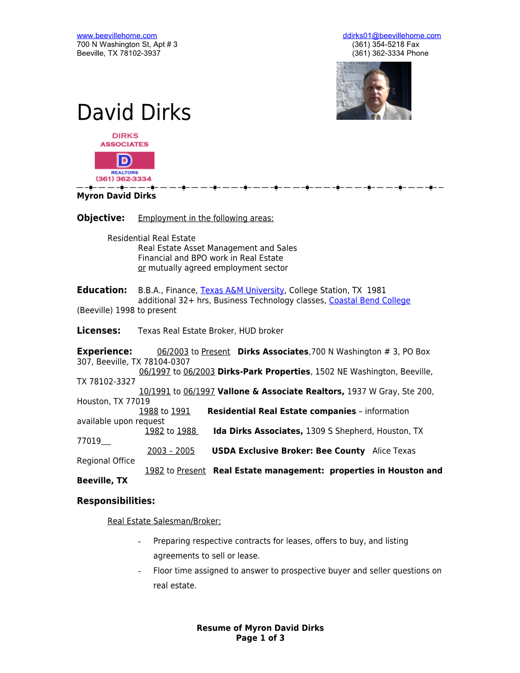 Resume of Myron David Dirks