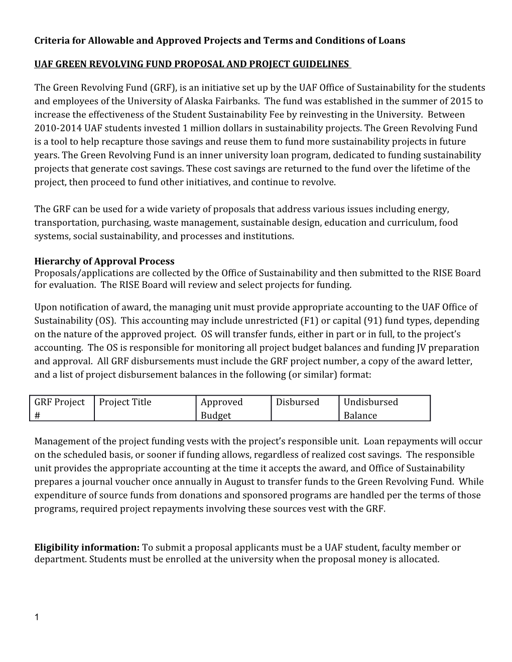 Criteria for Allowable and Approved Projects and Terms and Conditions of Loans