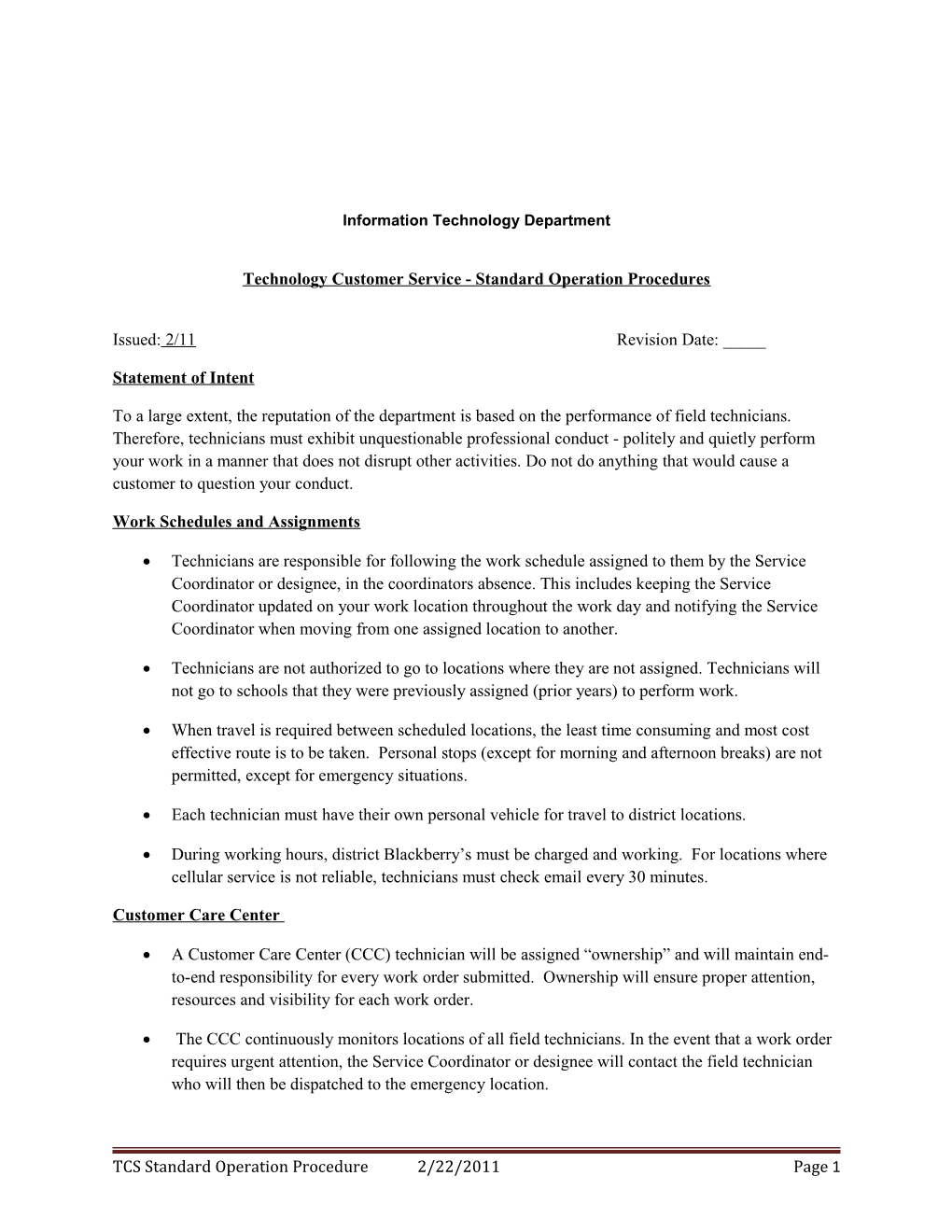 Technology Customer Service - Standard Operation Procedures