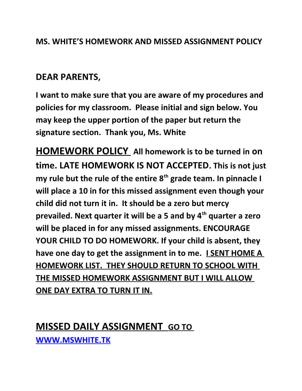 Ms. White S Homework and Missed Assignment Policy