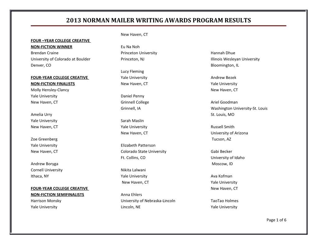 2013 Norman Mailer Writing Awards Program Results