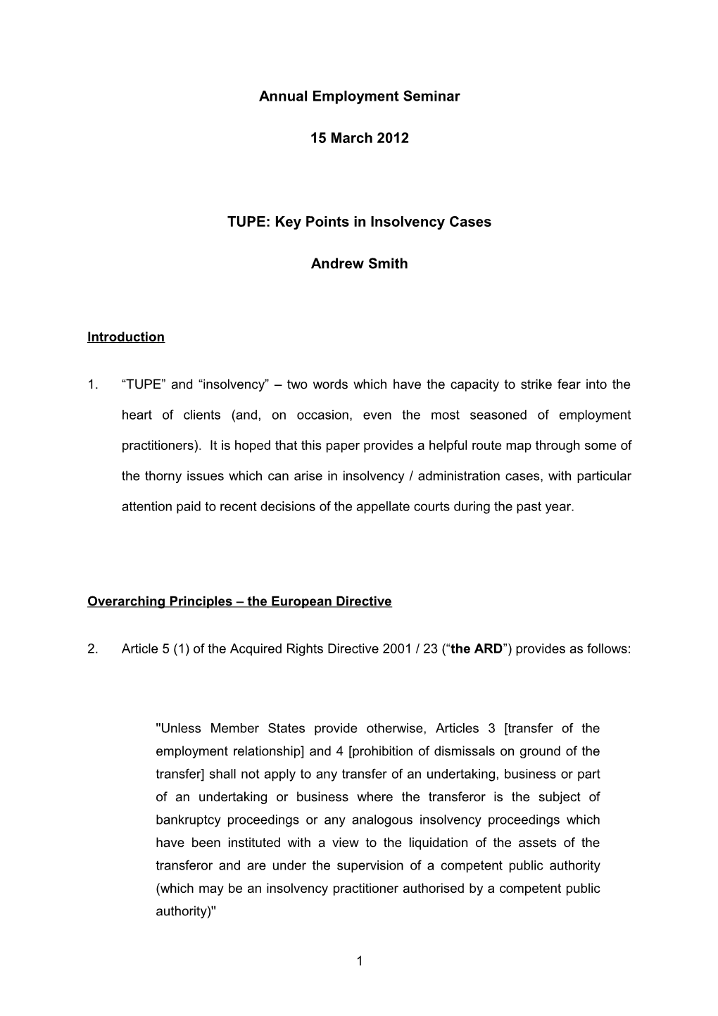 TUPE: Key Points in Insolvency Cases