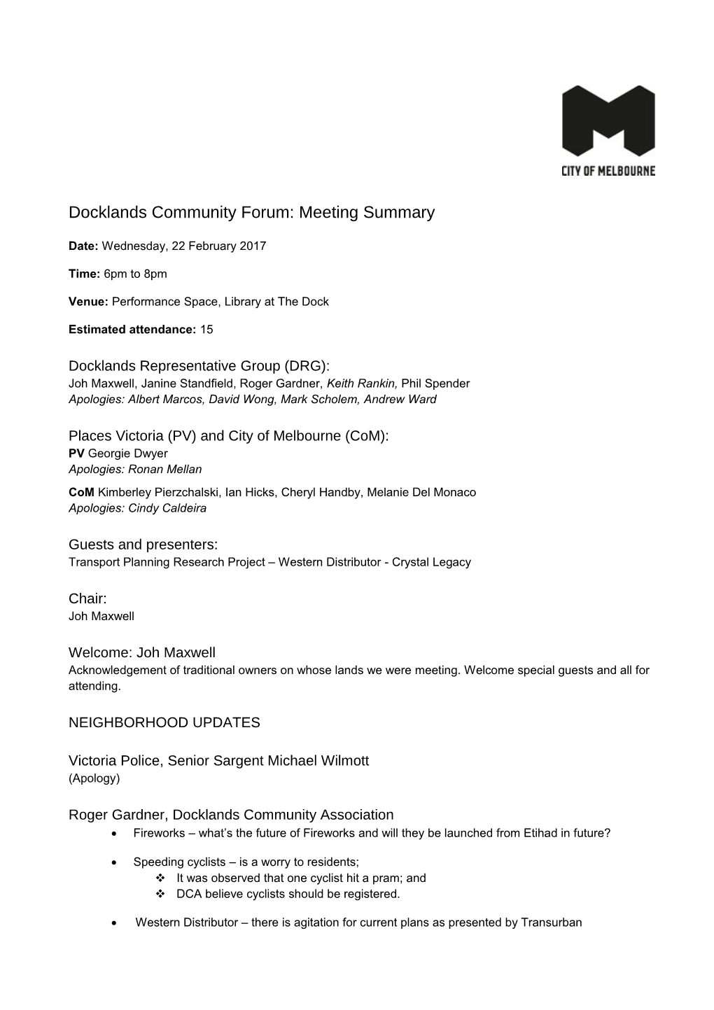 Docklands Community Forum: Meeting Summary