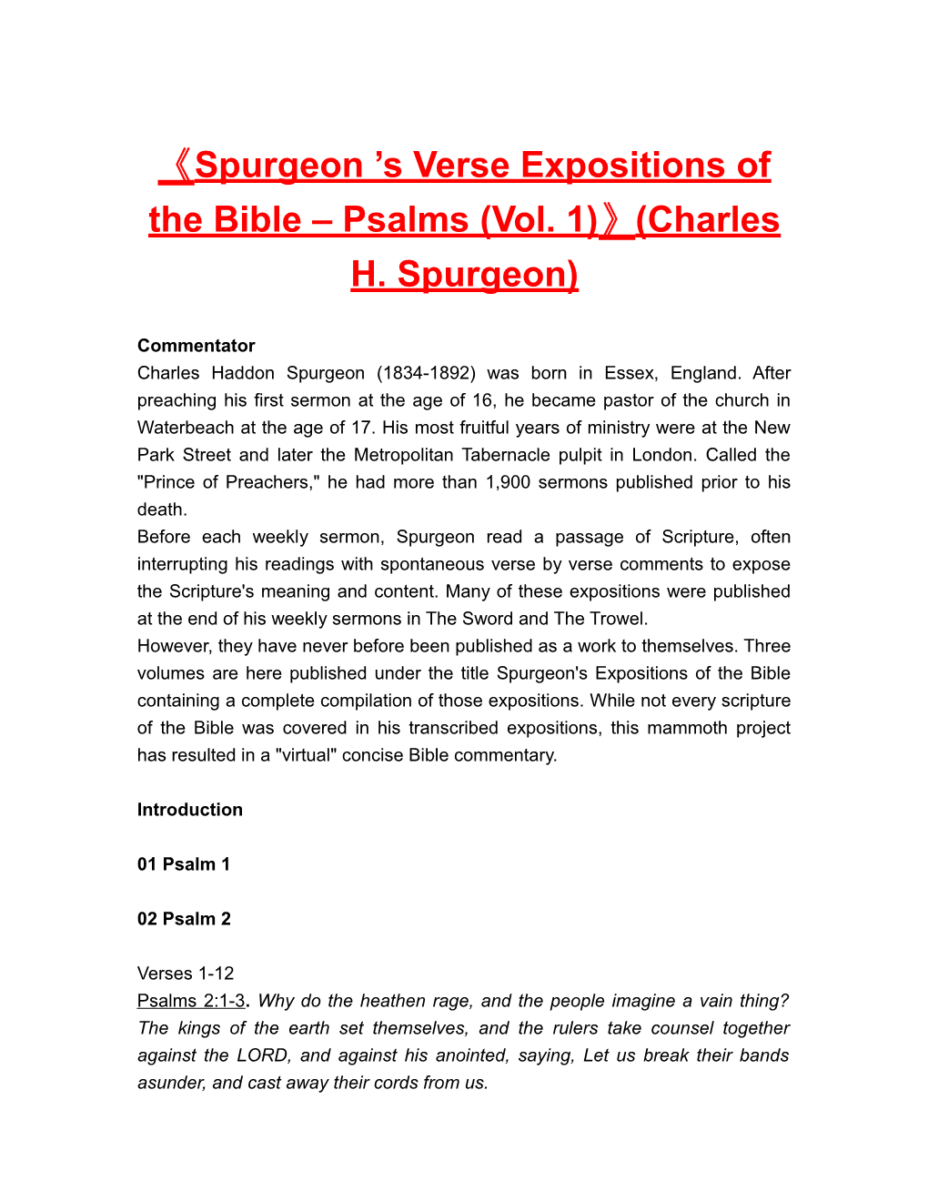 Spurgeon S Verse Expositions of the Bible Psalms (Vol. 1) (Charles H. Spurgeon)