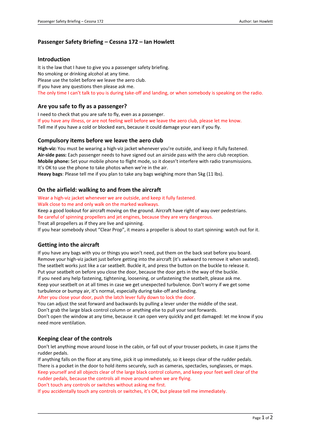 Passenger Safety Briefing Cessna 172 Ian Howlett