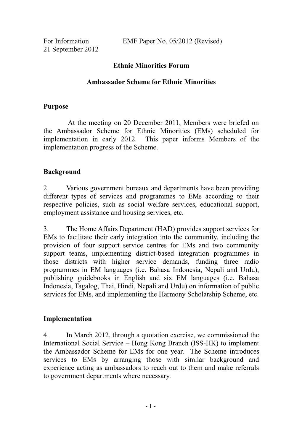 For Information EMF Paper No. 05/2012 (Revised)