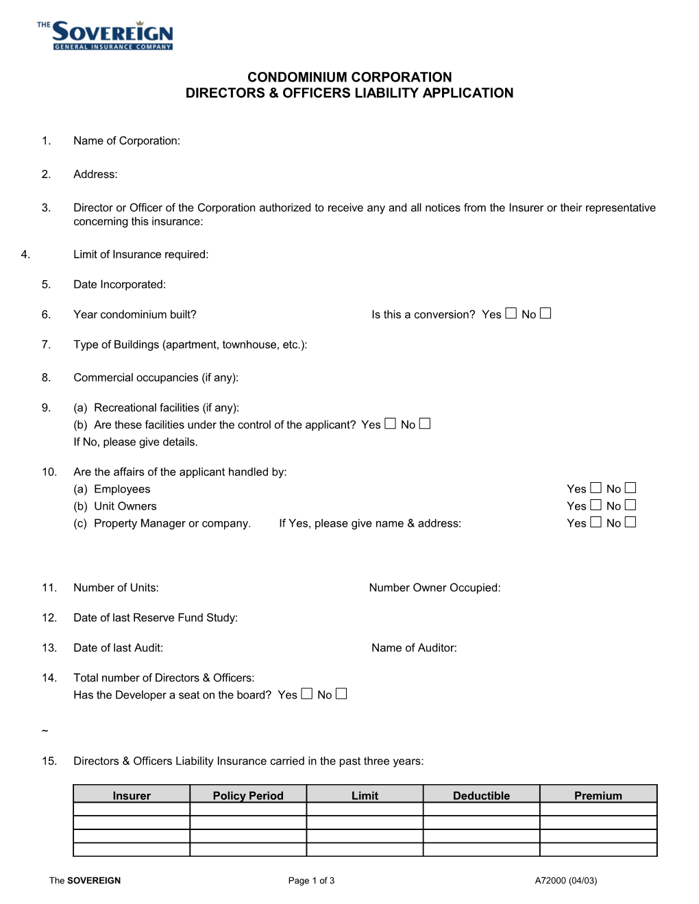 Directors & Officers Liability Application