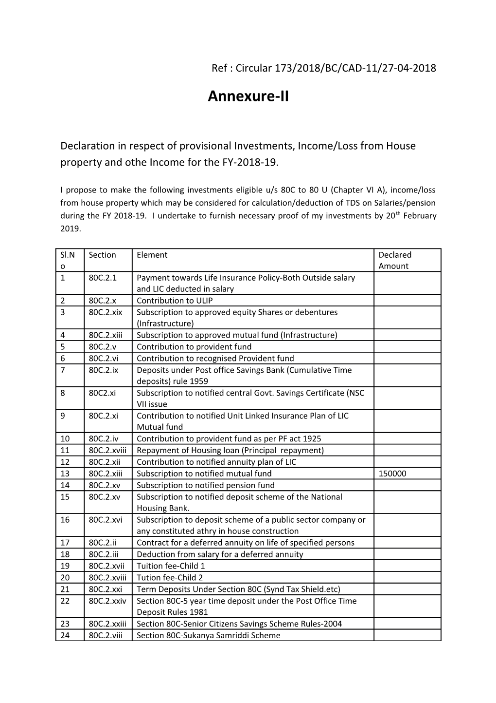 Ref : Circular 173/2018/BC/CAD-11/27-04-2018