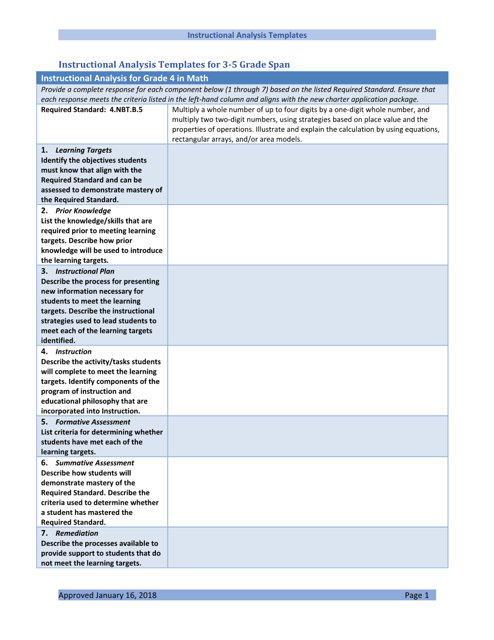 Instructional Analysis Templates for 3-5 Grade Span