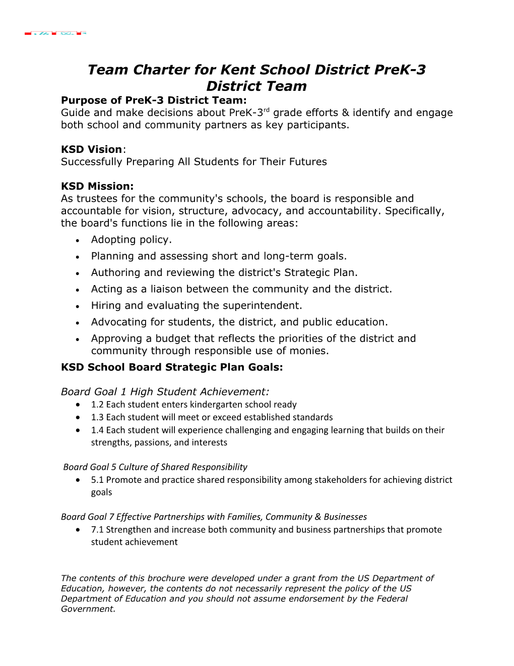 Team Charter for Kent School Districtprek-3 District Team
