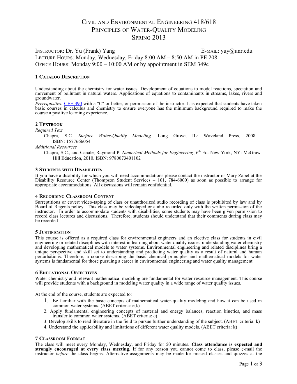 Principles of Water-Quality Modelingdr. Yu (Frank) Yang