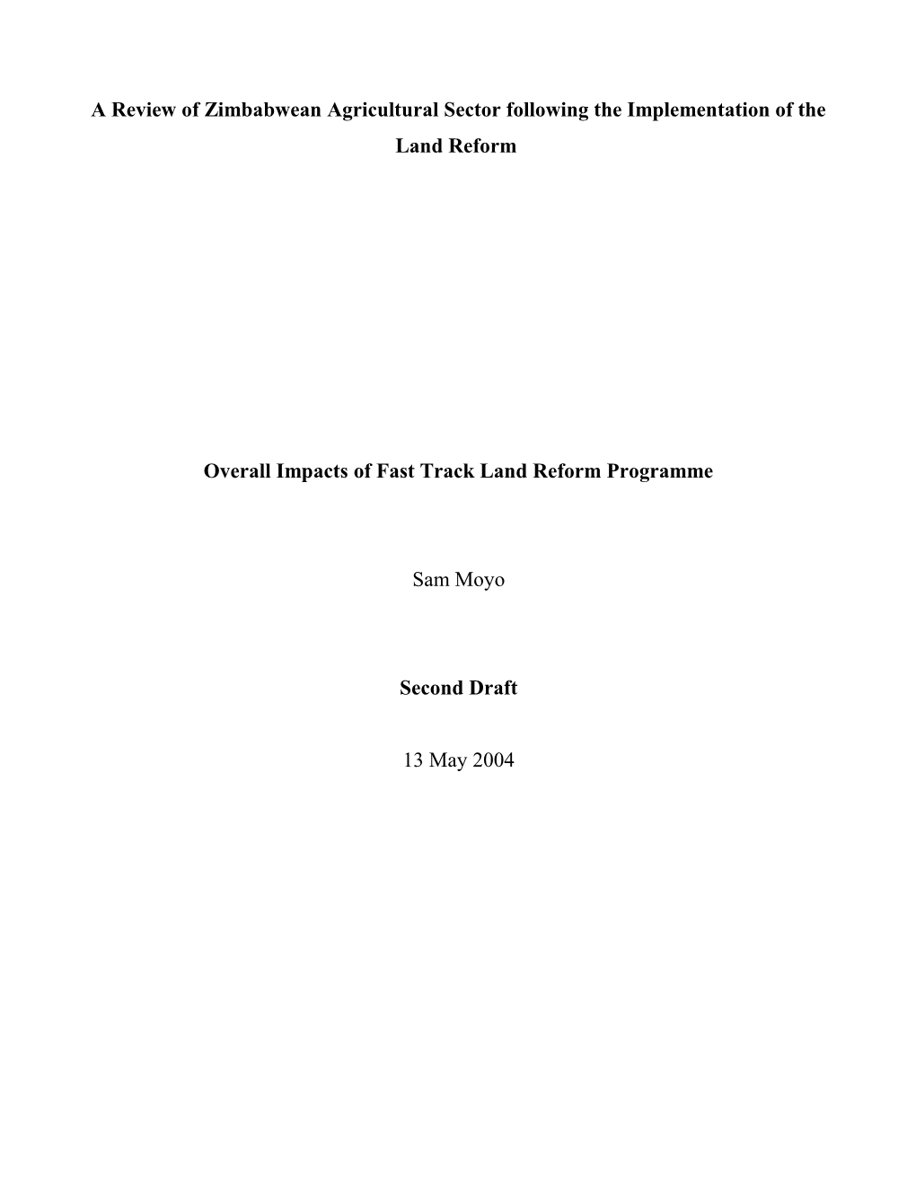 Overall Impacts of Fast Track Land Reform Programme