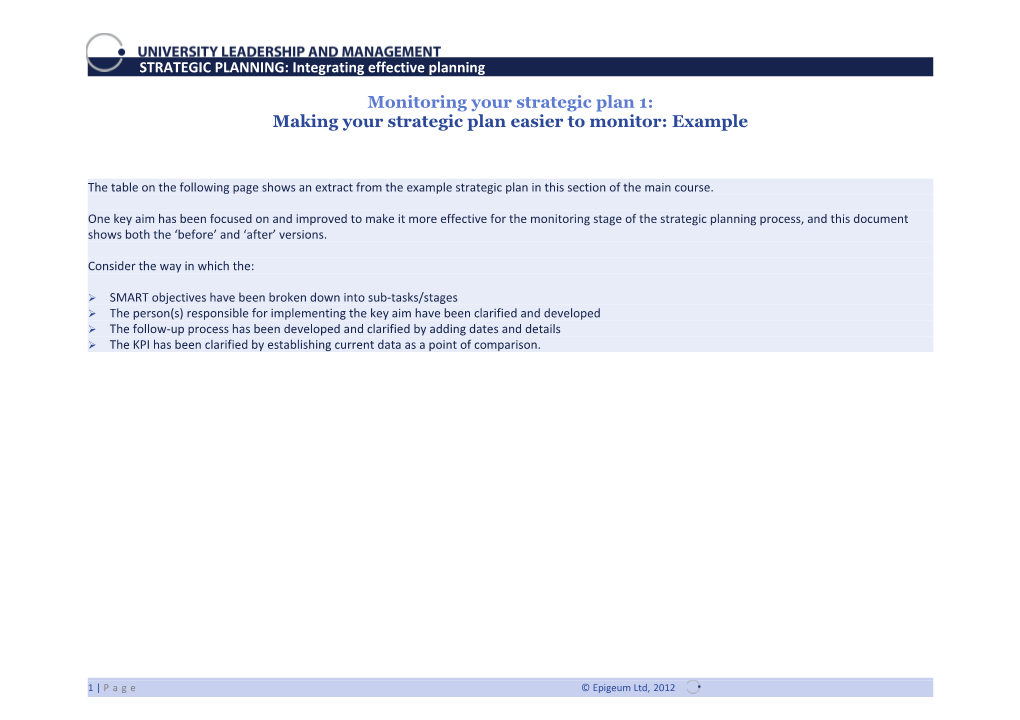 Making Your Strategic Plan Easier to Monitor: Example