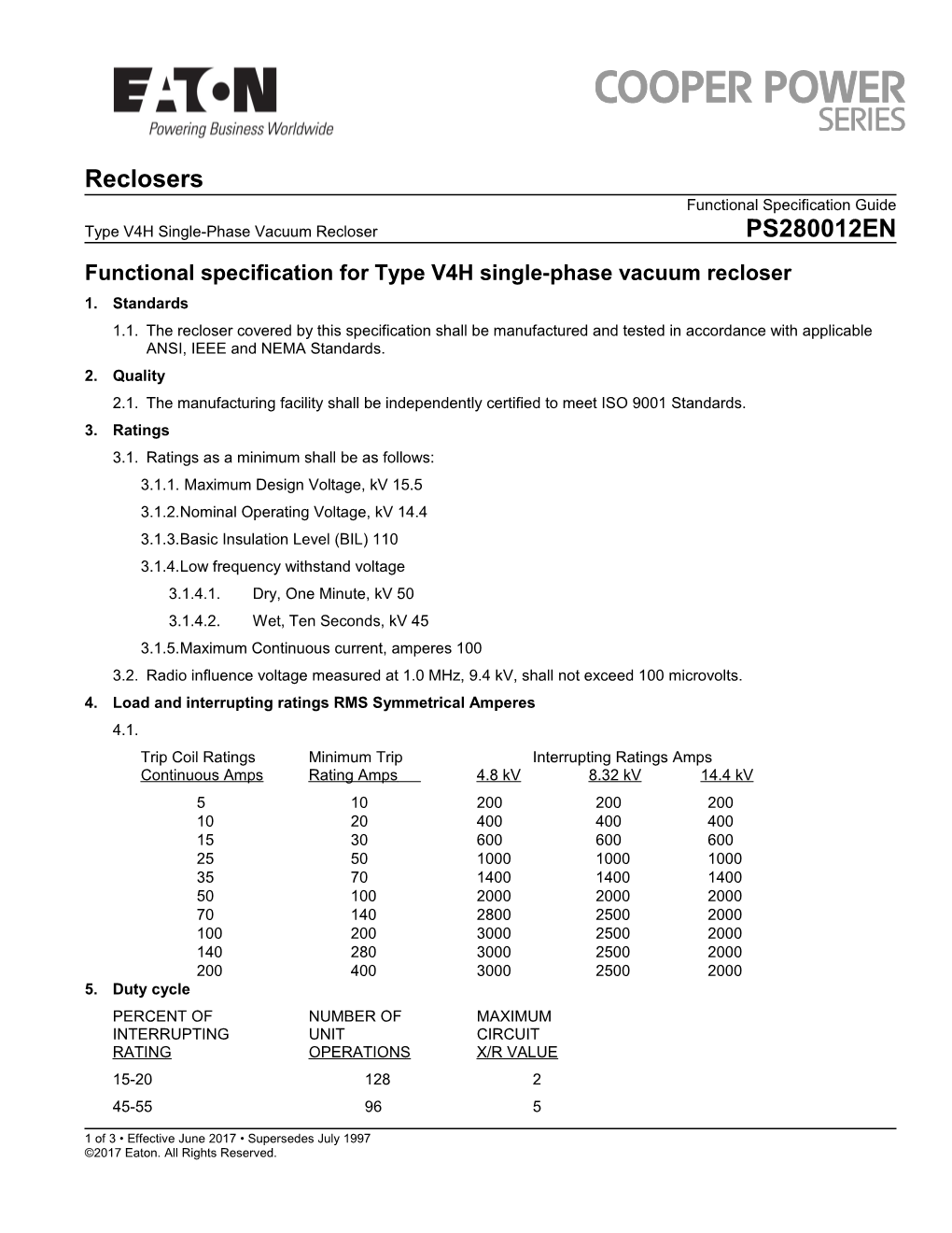 Functional Specification for Type V4H Single-Phase Vacuum Recloser