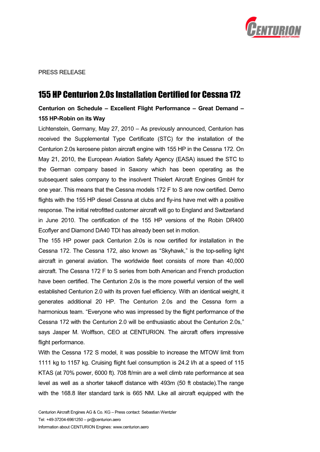 Pressemitteilung: 155PS STC Für Cessna 172