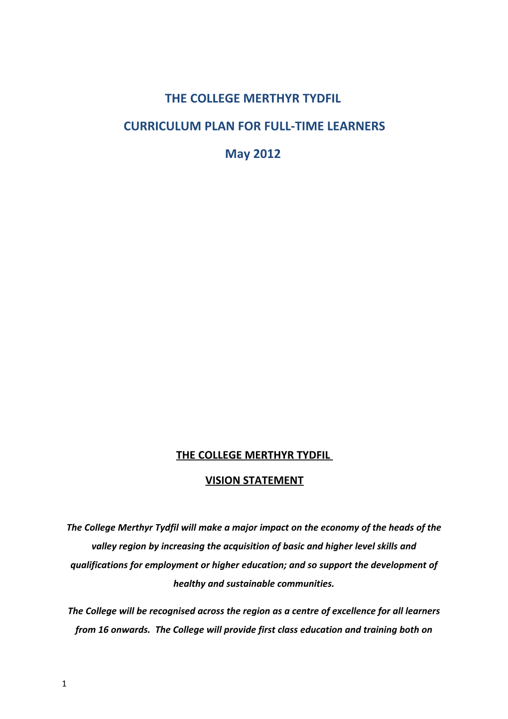 Curriculum Plan for Full-Time Learners
