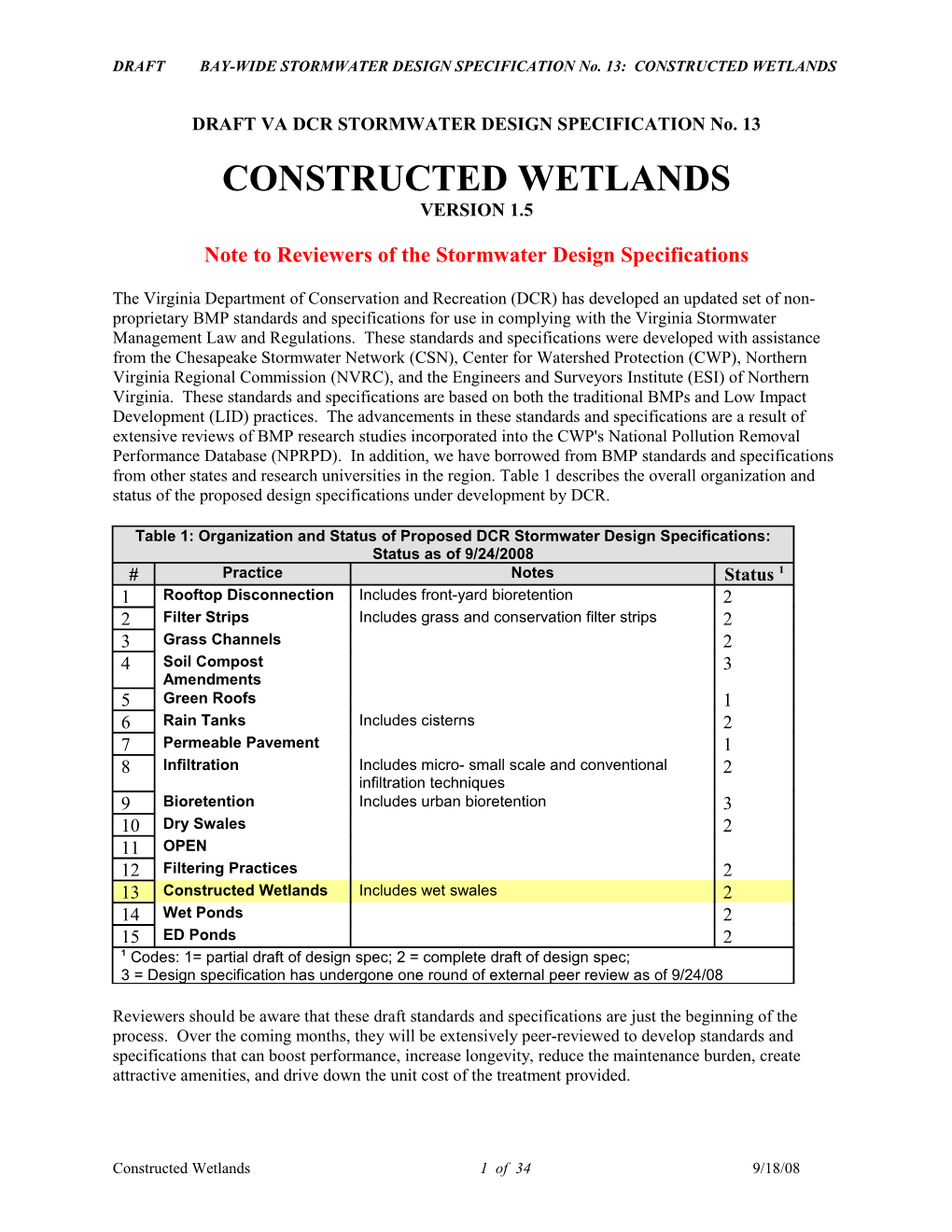 DRAFT BAY-WIDE STORMWATER DESIGN SPECIFICATION No. 13: CONSTRUCTED WETLANDS