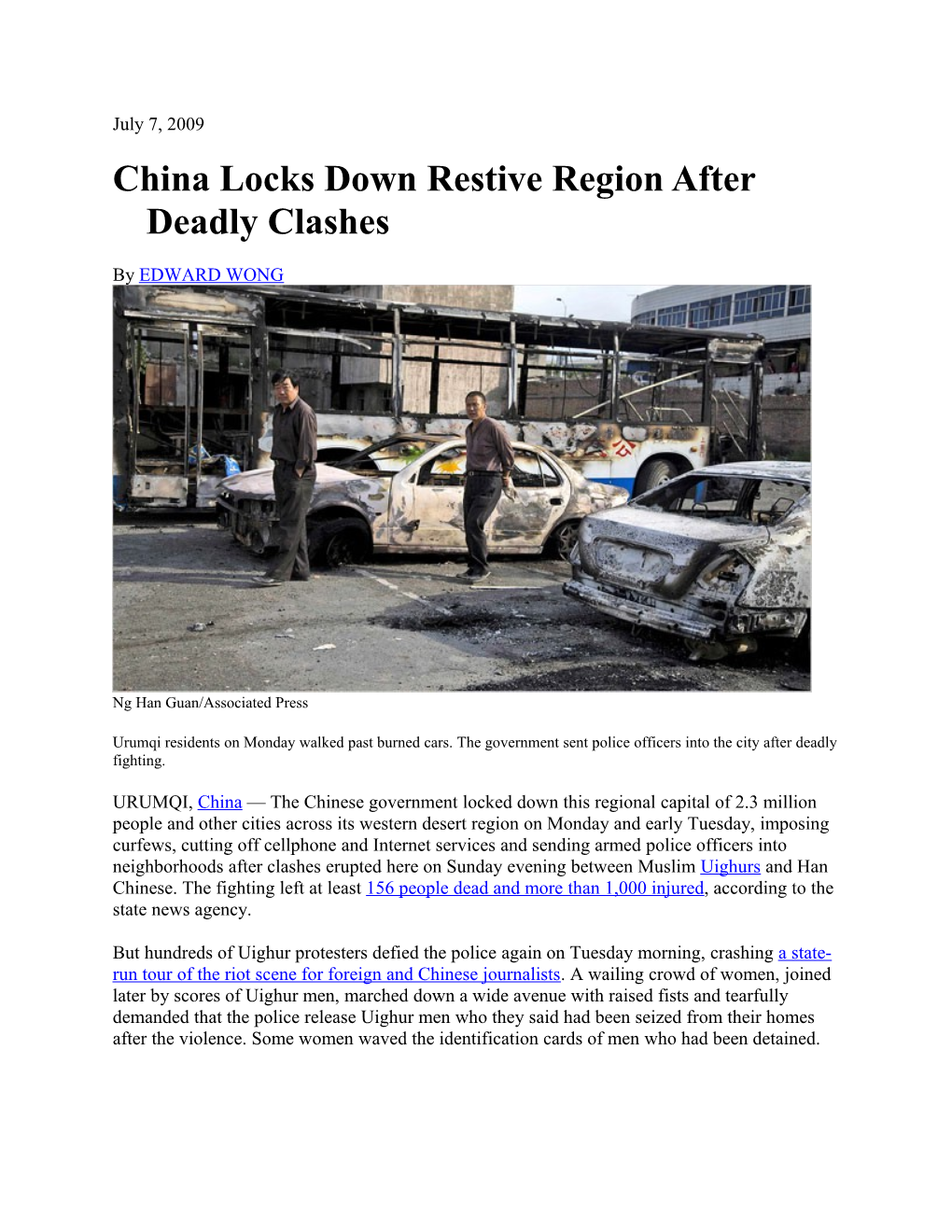 China Locks Down Restive Region After Deadly Clashes