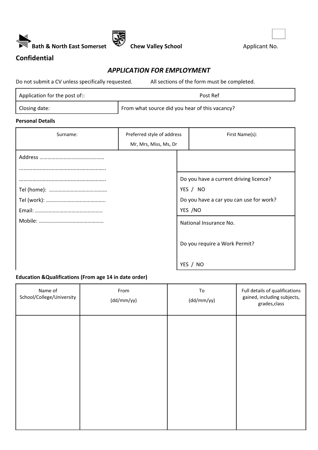 Bristol City Council Application for Employment