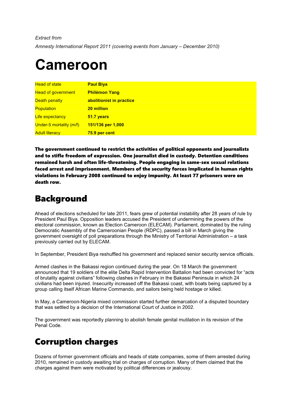 Amnesty International Report 2011 (Covering Events from January December 2010)