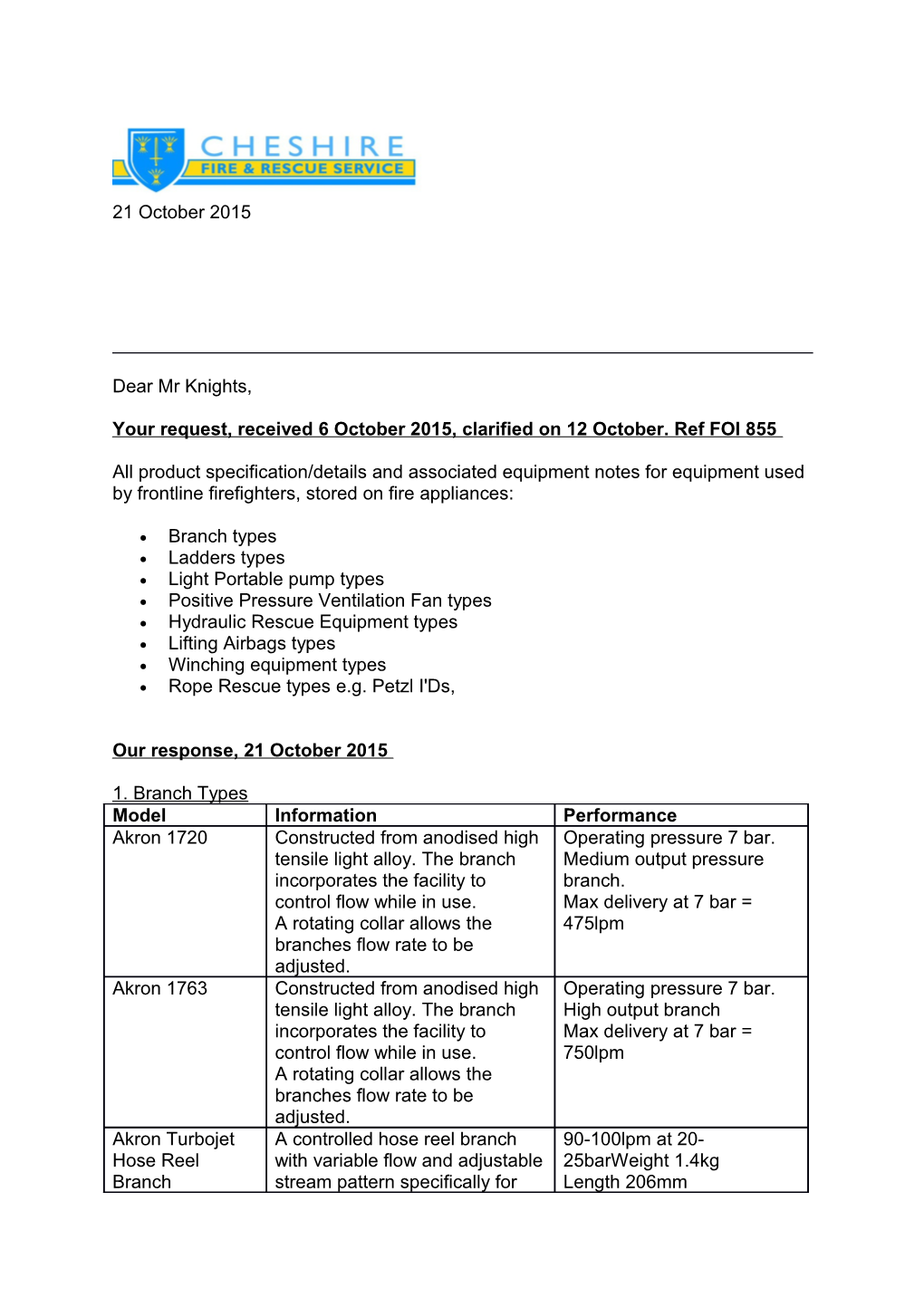 Your Request, Received 6 October 2015, Clarified on 12 October. Ref FOI 855