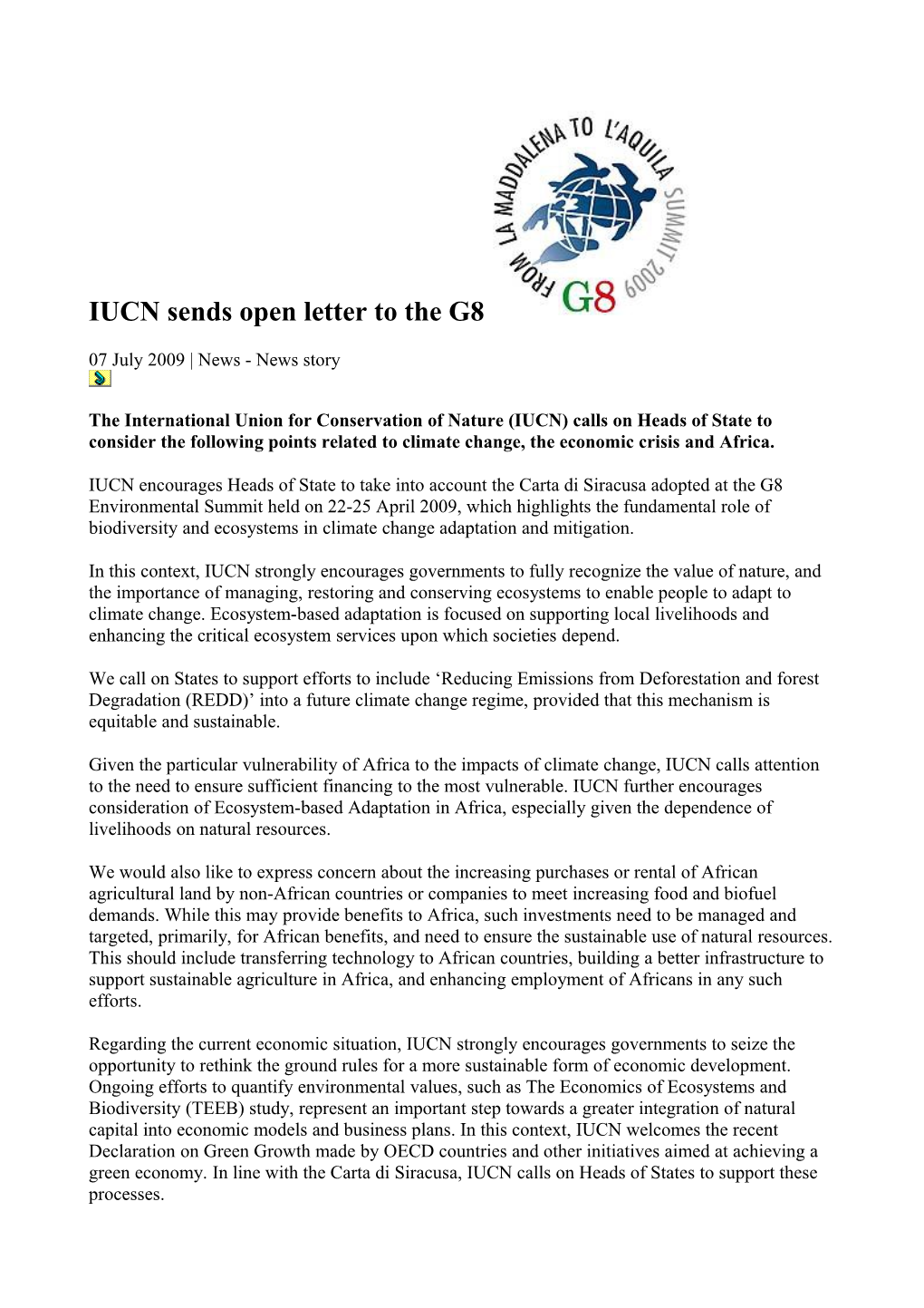 IUCN Sends Open Letter to the G8