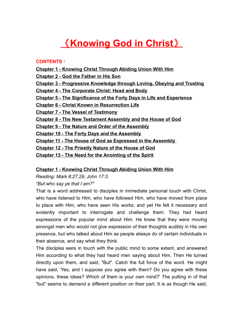 Chapter 1 - Knowing Christ Through Abiding Union with Him