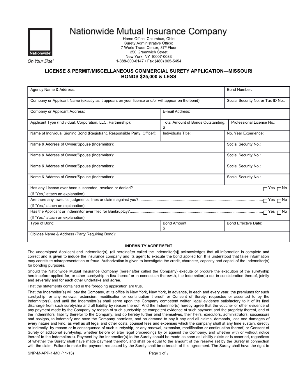 License & Permit/Miscellaneous Commercial Surety Application Missouri Bonds $25,000 & Less