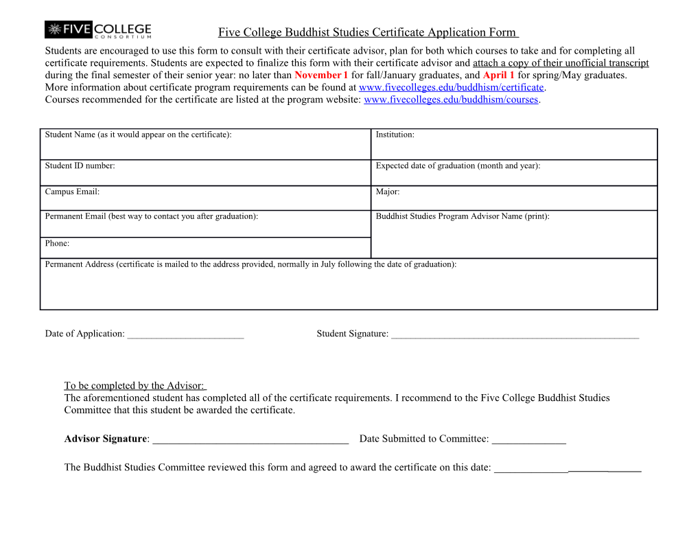 Five College Buddhist Studies Certificate Application Form