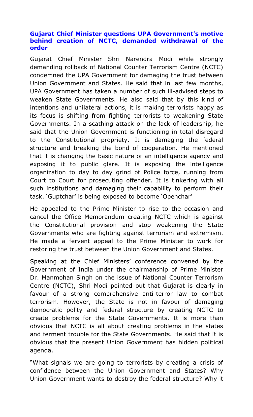 Gujarat Chief Minister Questions UPA Government S Motive Behind Creation of NCTC, Demanded