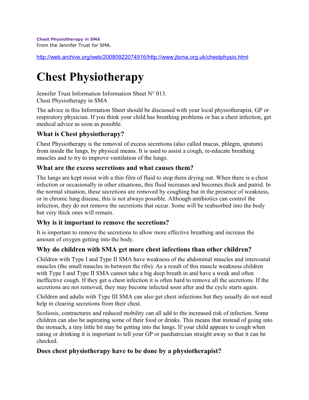 Chest Physiotherapy in SMA from the Jennifer Trust for SMA
