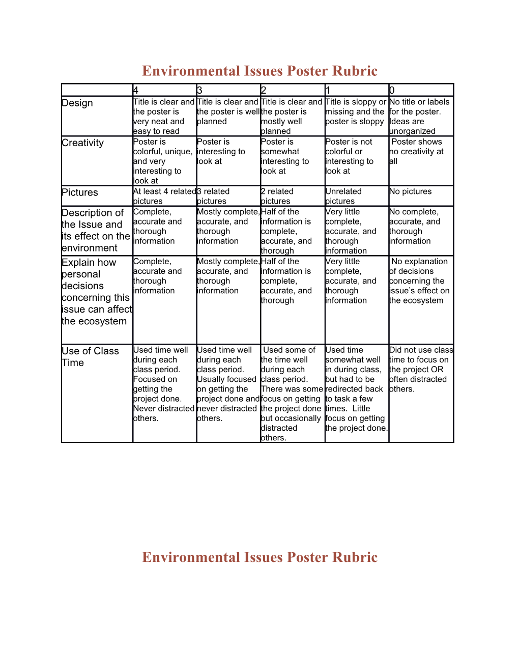 Environmental Issues Poster Rubric