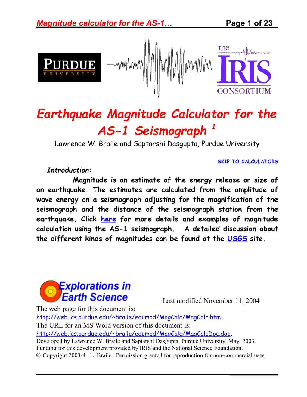 Earthquake Magnitude Calculator for the AS-1 Seismograph1