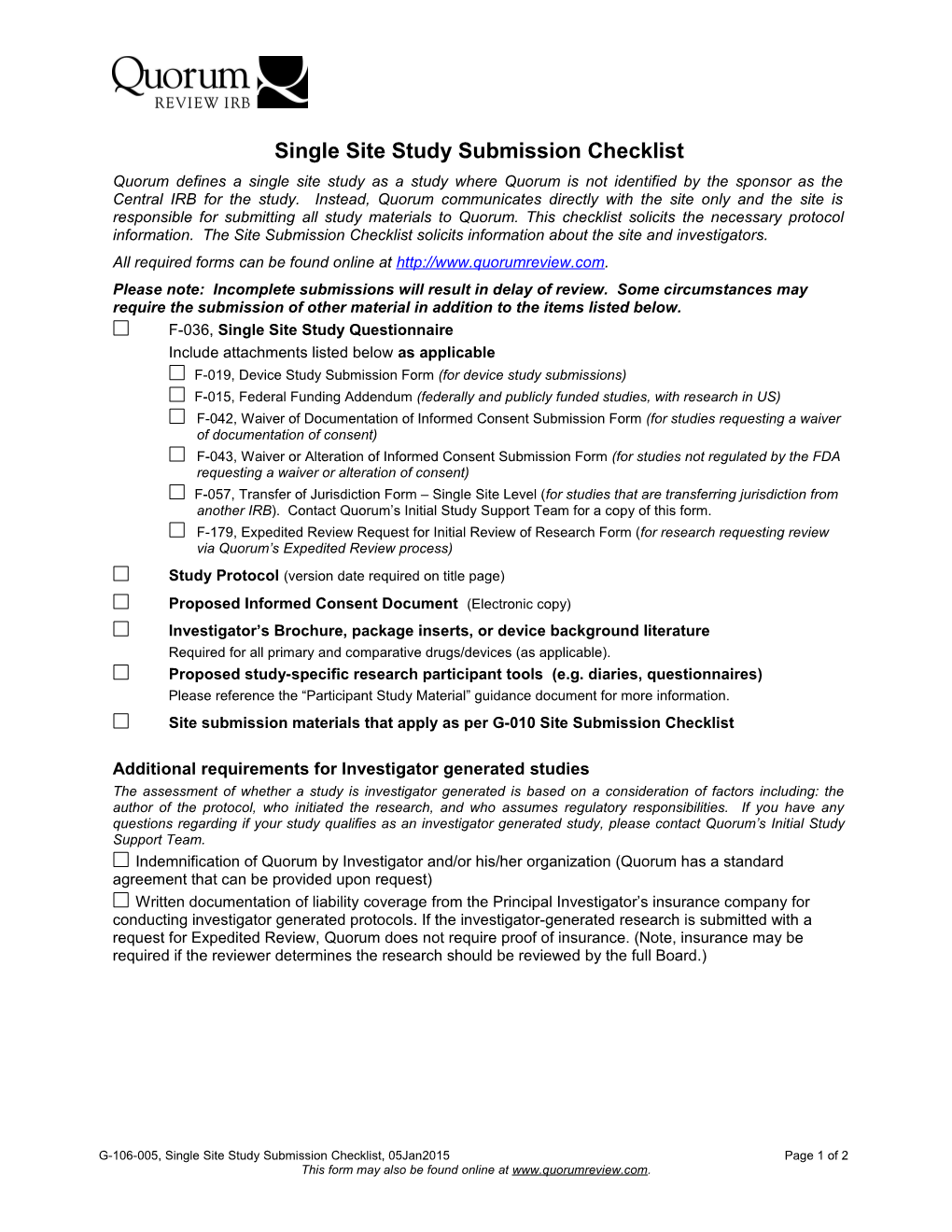 Single Site Study Submission Checklist
