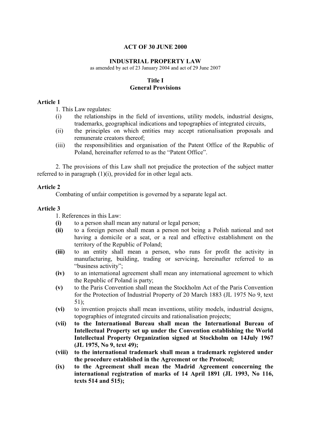 Act of June 30, 2000 on Industrial Property Law