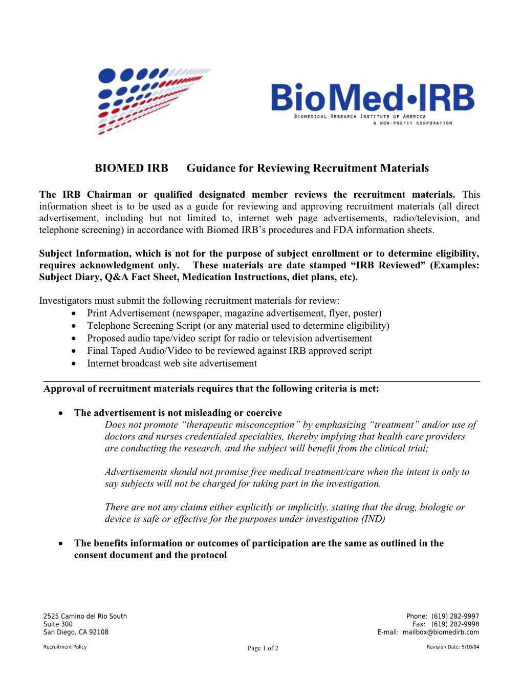BIOMED IRB Guidance for Reviewing Recruitment Materials