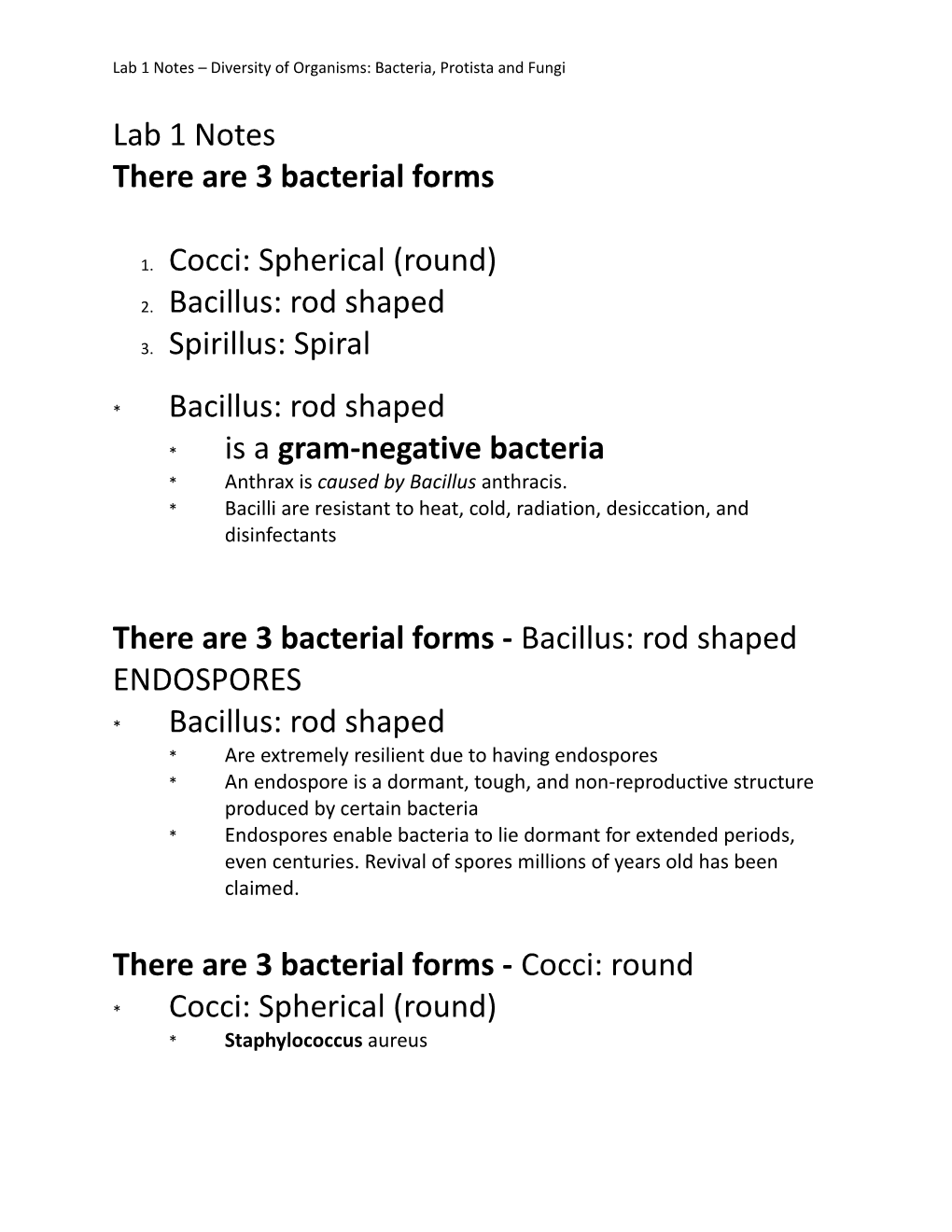 Lab 1 Notes Diversity of Organisms: Bacteria, Protista and Fungi